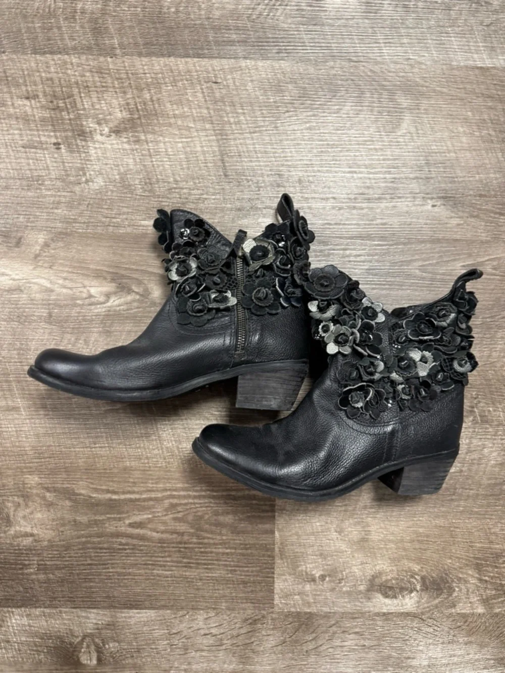 Sheridan Mia Black Leather Floral Ankle Boots Size 38